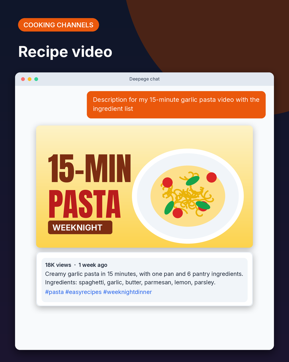 Cooking example: a 15-minute pasta video description with the ingredient list and three hashtags