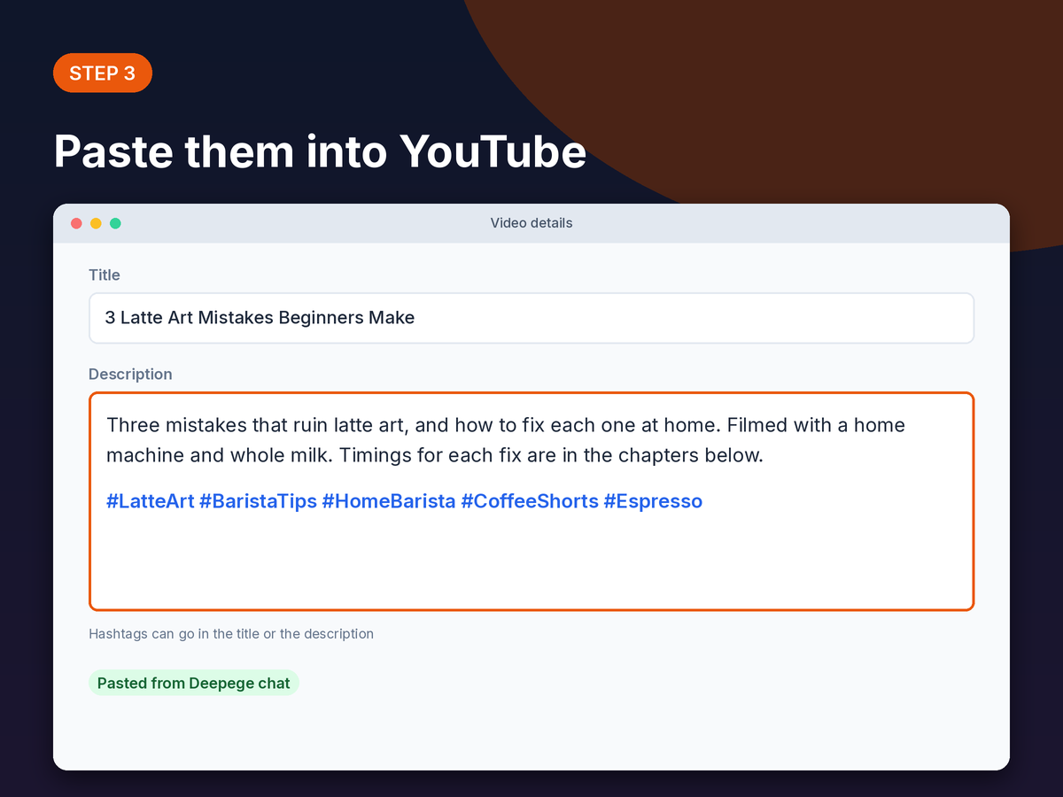 Step 3 mockup: video details form with the hashtags pasted at the end of the description