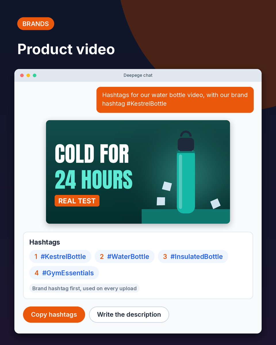 Brand example: hashtags for an insulated water bottle product video, including the brand hashtag