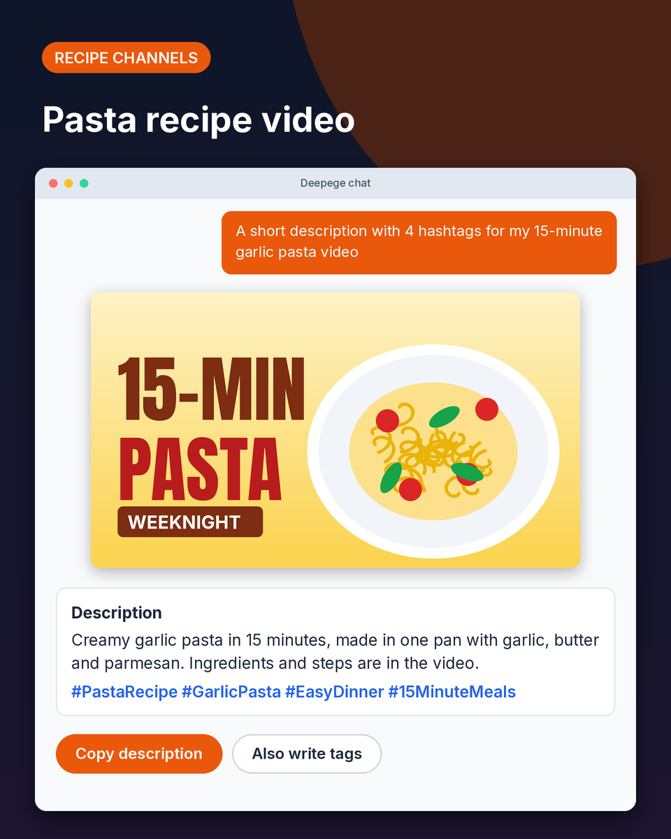 Recipe channel example: hashtags for a 15 minute garlic pasta video placed under the description
