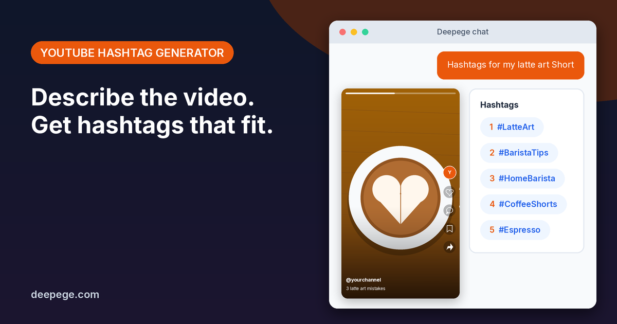 Deepege chat mockup: a request for hashtags for a latte art Short and a set of five YouTube hashtags
