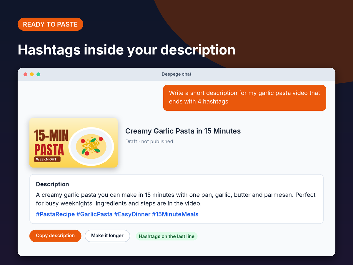 Mockup: a YouTube description with a short summary and the hashtags placed on the last line