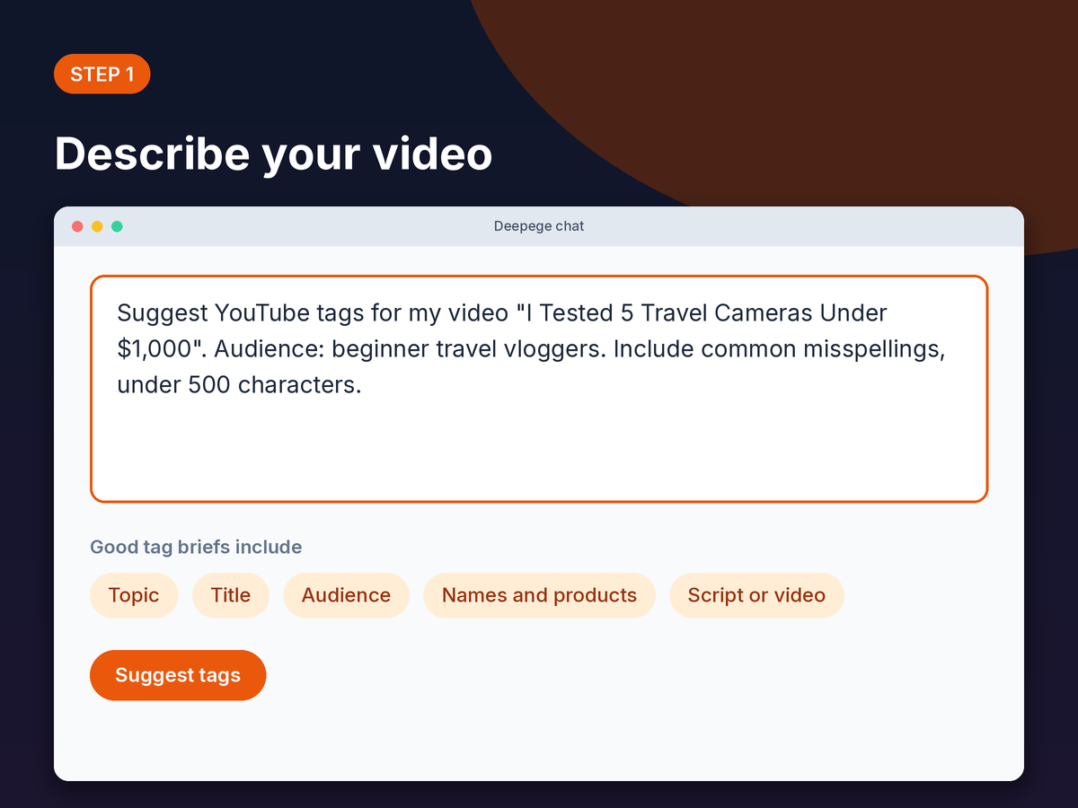 Step 1 mockup: typing a video brief with topic, title and audience into the Deepege chat box