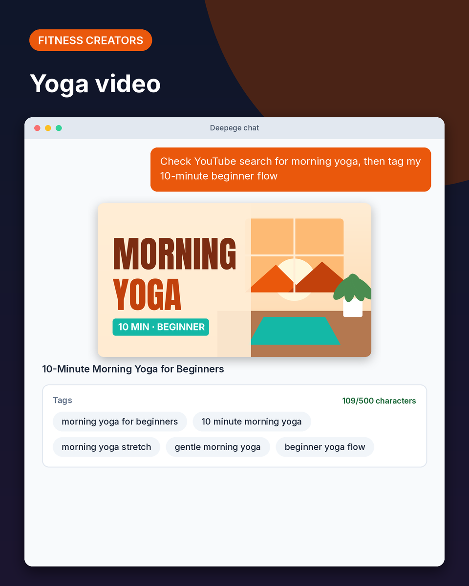 Fitness example: tags for a 10-minute morning yoga video for beginners