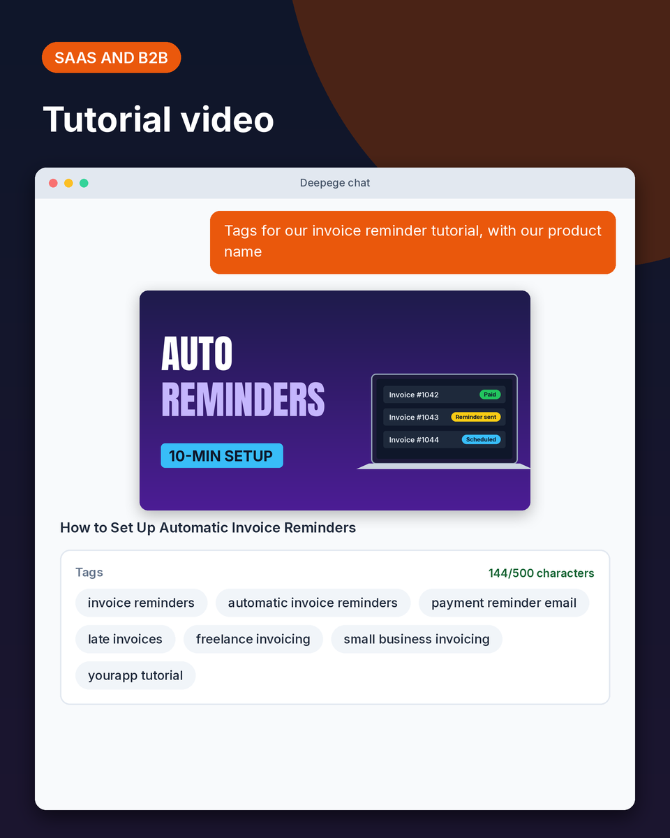 SaaS example: tags for an invoice reminder tutorial with the product name and the task