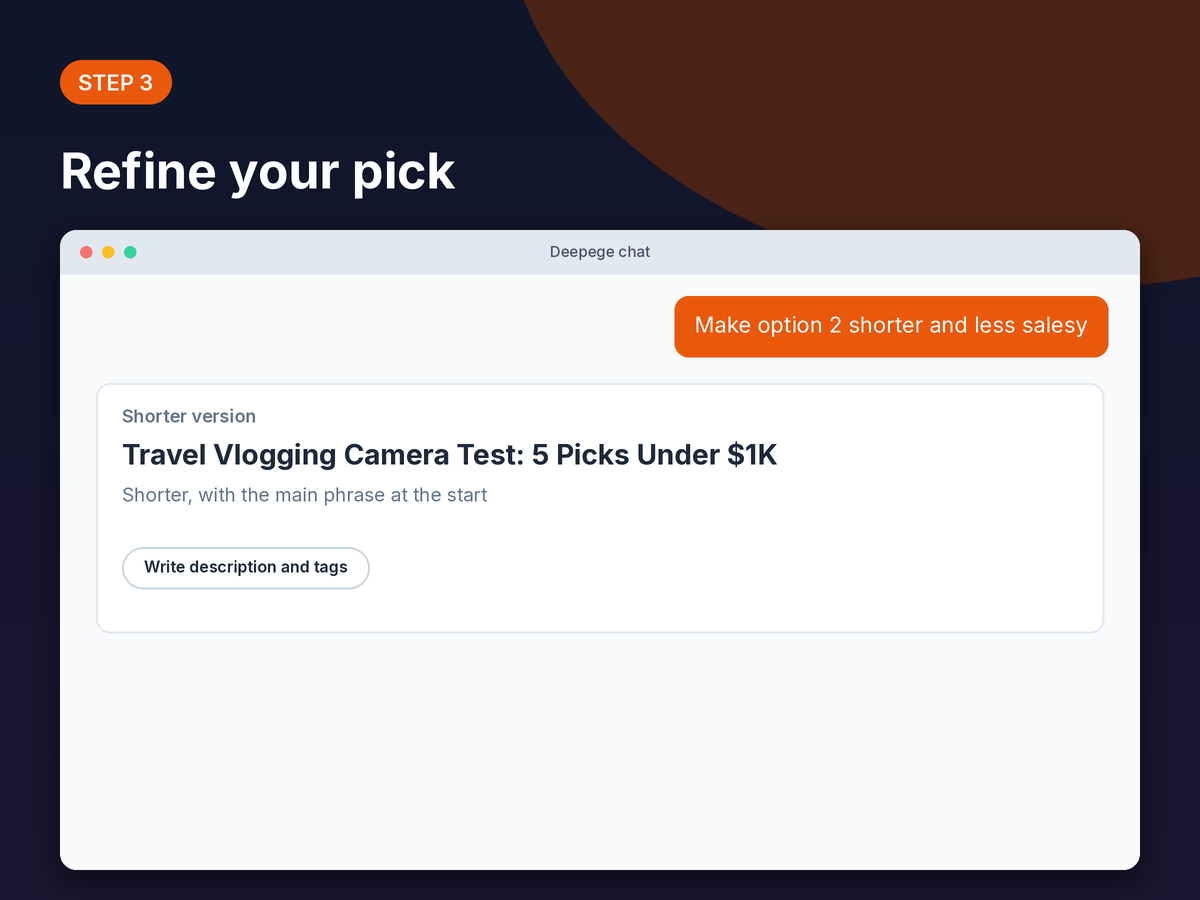 Step 3 mockup: a shorter version of a chosen YouTube title with a button to write description and tags