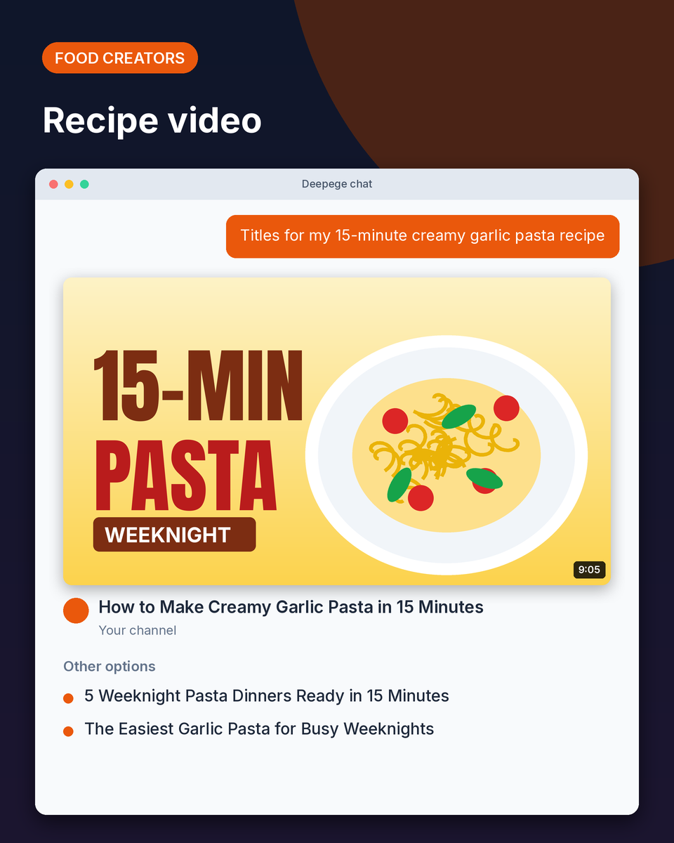 Food creator example: a 15-minute pasta thumbnail with a how-to YouTube title and two other options