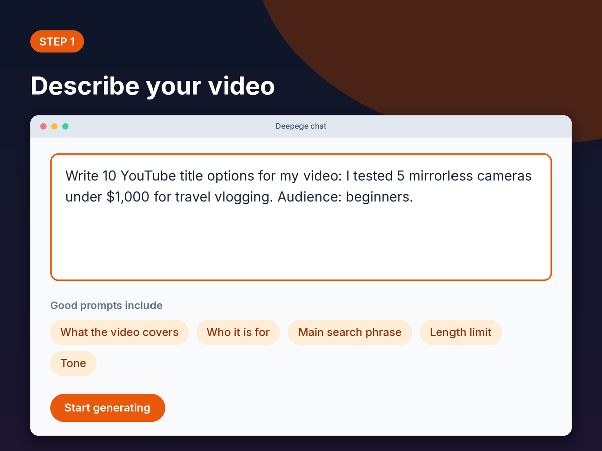 Step 1 mockup: typing a YouTube video brief with topic, audience and title length into the Deepege chat box